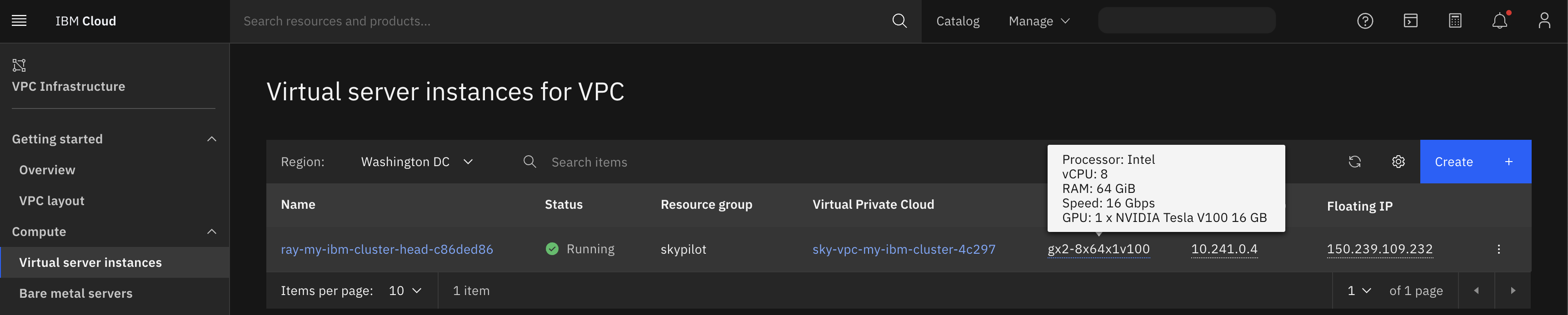 IBM cloud console showing a node launched by SkyPilot