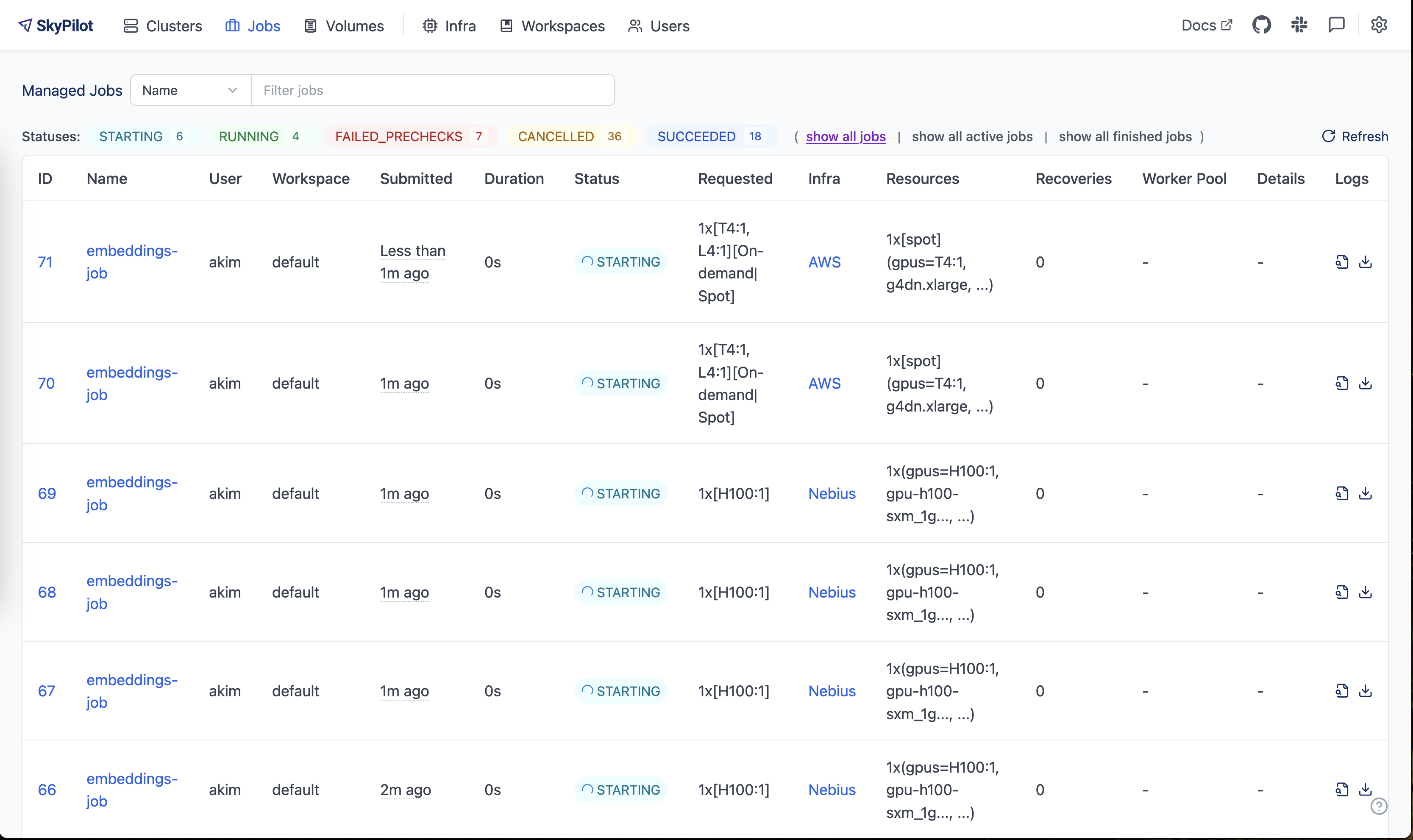 SkyPilot Dashboard showing submitted managed jobs