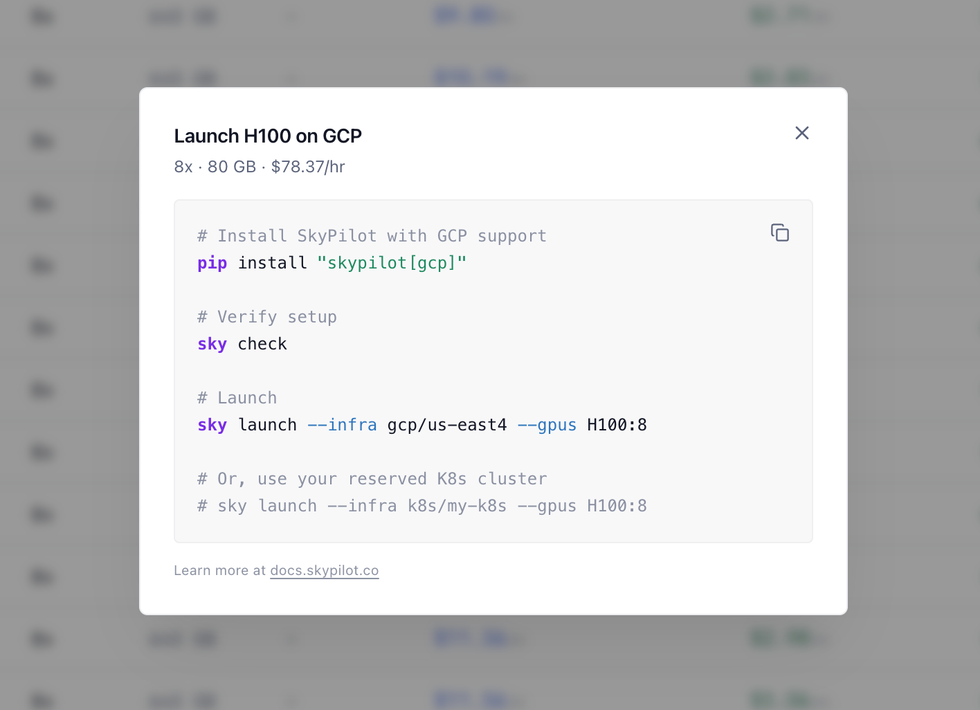 Launch H100 on GCP command modal
