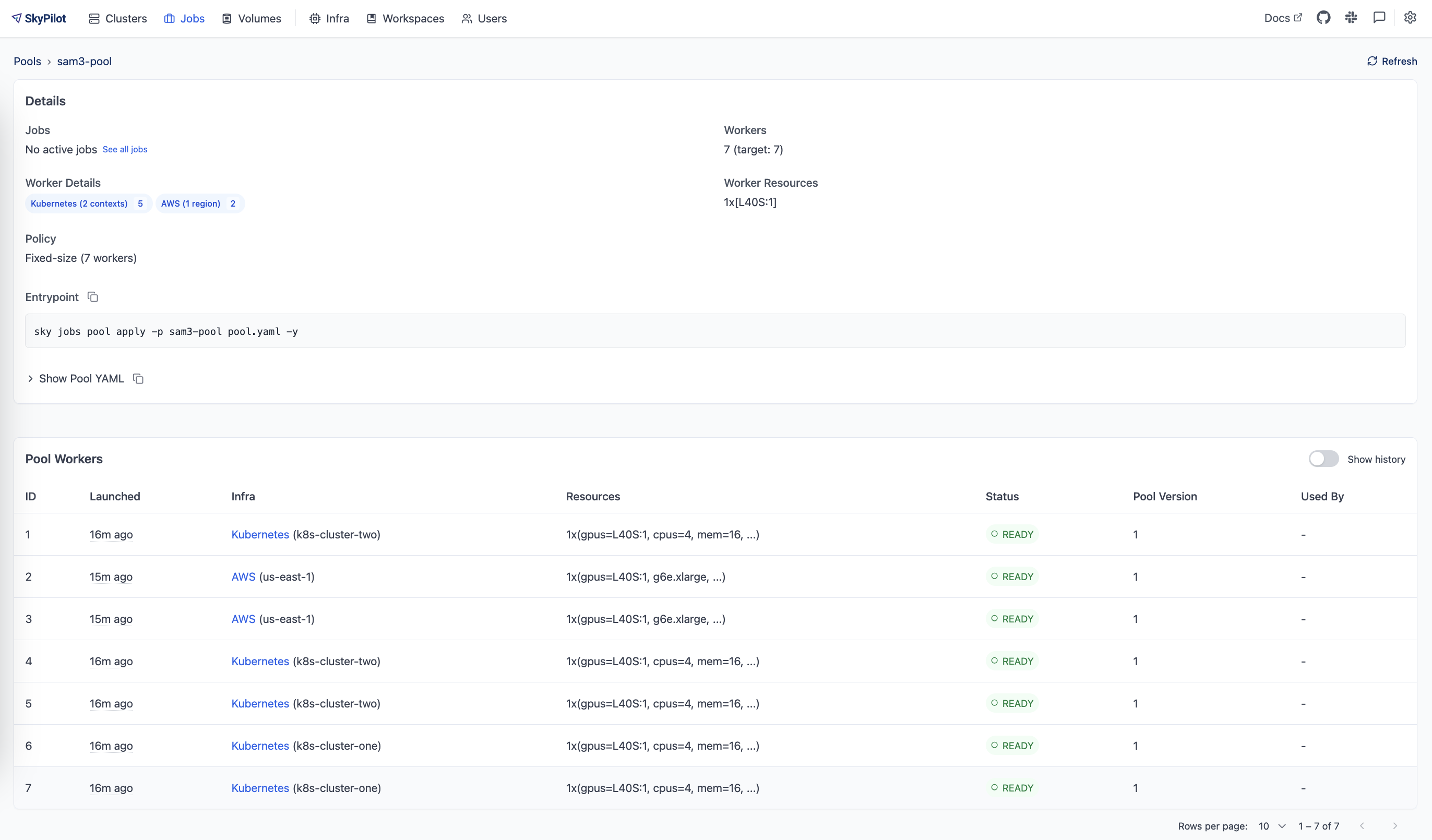 SkyPilot Dashboard Pool Workers